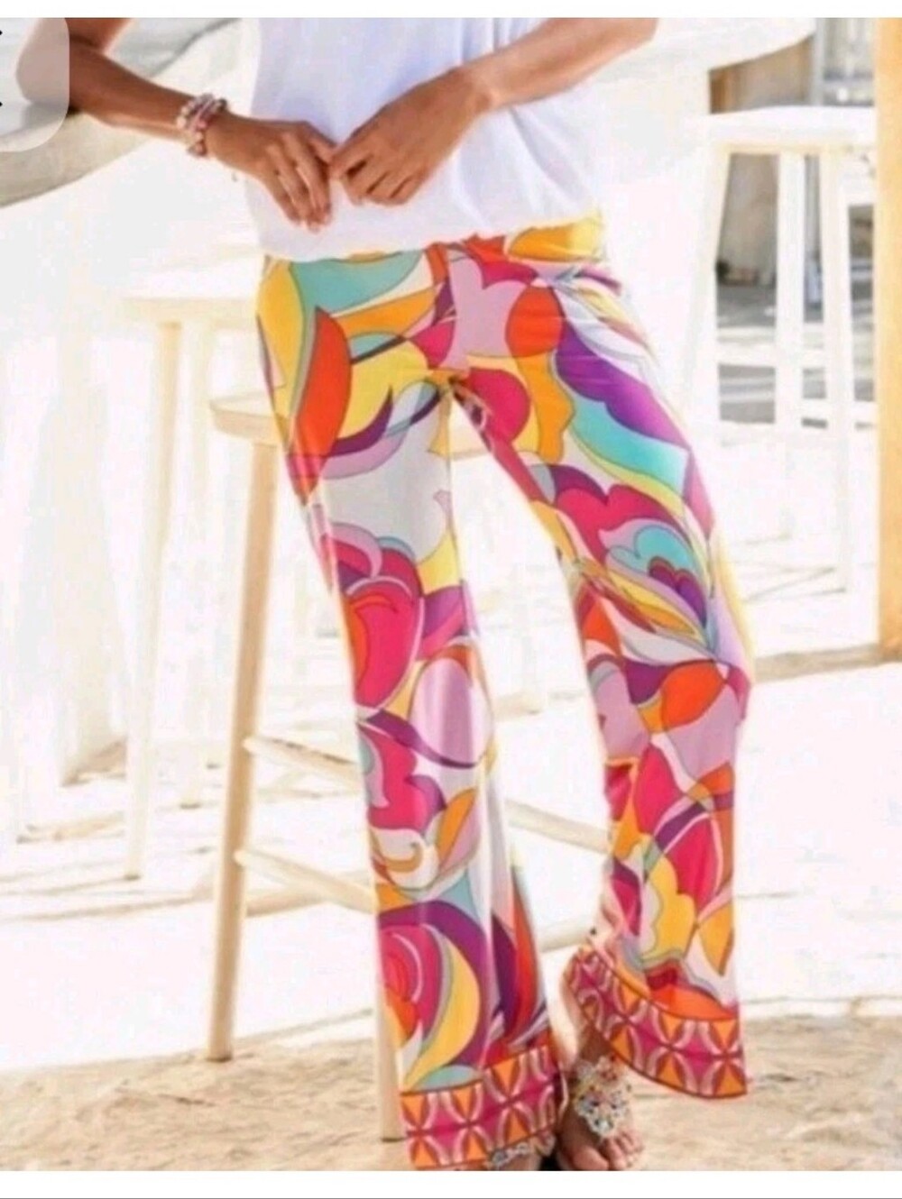 BOSTON PROPER Beyond Travel Palazzo Pants Wide Leg Hippie Retro Abstract Pink S